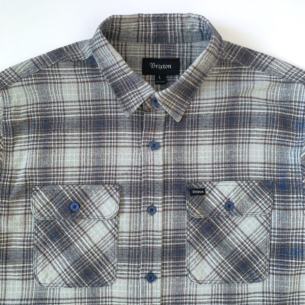 Brixton Bowery Plaid Flannel Long Sleeve Button Up Shirt Grey Business Casual - Picture 3 of 12